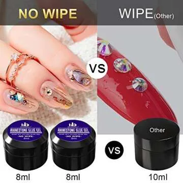 Nail Art 8ml×2 NO WIPE Rhinestone Glue Gel Kit(LED Light Cure Needed) Adhesive Resin Gem Stone Jewelry Beads Diamond Gel Nail Polish Clear Decoration With Nail Rhinestones(Crystal+Acrylic+Rivet)+tools