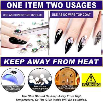 Nail Art 8ml×2 NO WIPE Rhinestone Glue Gel Kit(LED Light Cure Needed) Adhesive Resin Gem Stone Jewelry Beads Diamond Gel Nail Polish Clear Decoration With Nail Rhinestones(Crystal+Acrylic+Rivet)+tools