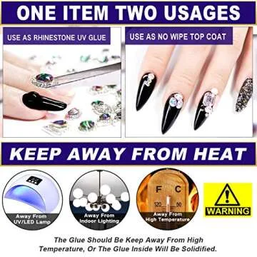 Nail Art 8ml×2 NO WIPE Rhinestone Glue Gel Kit(LED Light Cure Needed) Adhesive Resin Gem Stone Jewelry Beads Diamond Gel Nail Polish Clear Decoration With Nail Rhinestones(Crystal+Acrylic+Rivet)+tools