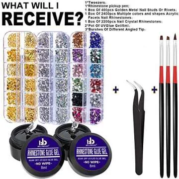 Nail Art 8ml×2 NO WIPE Rhinestone Glue Gel Kit(LED Light Cure Needed) Adhesive Resin Gem Stone Jewelry Beads Diamond Gel Nail Polish Clear Decoration With Nail Rhinestones(Crystal+Acrylic+Rivet)+tools