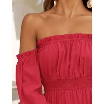 ZESICA Women's 2025 Boho Sexy Off Shoulder Long Sleeve Smocked High Waist Side Split Flowy A Line Tiered Long Maxi Dress,Cherry,X-Small