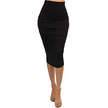 Vivicastle Women's Ruched Frill Ruffle High Waist Pencil Mid-Calf Skirt (1black, Black, X-Large)