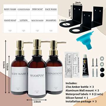 Shampoo Dispenser for Shower Wall, Shampoo and Conditioner Dispenser with 16 Waterproof Labels, No Drill Shower Soap Dispenser Bathroom, Shower Soap Dispenser Wall Mounted,17oz, 3 Pack, Gold Amber