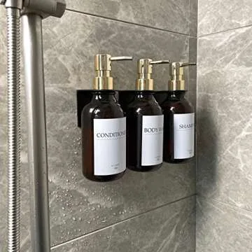 Shampoo Dispenser for Shower Wall, Shampoo and Conditioner Dispenser with 16 Waterproof Labels, No Drill Shower Soap Dispenser Bathroom, Shower Soap Dispenser Wall Mounted,17oz, 3 Pack, Gold Amber
