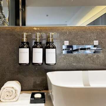 Shampoo Dispenser for Shower Wall, Shampoo and Conditioner Dispenser with 16 Waterproof Labels, No Drill Shower Soap Dispenser Bathroom, Shower Soap Dispenser Wall Mounted,17oz, 3 Pack, Gold Amber