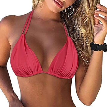 Firpearl Women's Triangle Bikini Tops Push Up Ruched Halter Bathing Suits Tops US12 Red