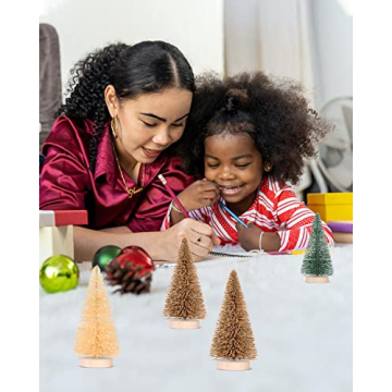 DDHS 24PCS Artificial Mini Christmas Trees, Upgraded 4-Color Bottle Brush Christmas Tree with Wooden Base, Artificial Frosted Sisal Christmas Tree Furniture Desktop Decoration Winter Crafts Ornaments
