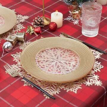 Mosayt Christmas Round Snow Placemats Set of 6，Gold Vinyl Metallic Place mats, Washable Easy Clean...