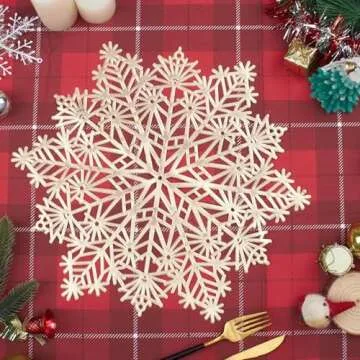 Mosayt Christmas Round Snow Placemats Set of 6，Gold Vinyl Metallic Place mats, Washable Easy Clean Non-Slip Heat Resistant Plastics Table Mats for Dinning/Wedding/Party Decoration, 15 Inch