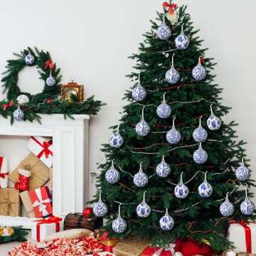 Liliful 24 Pcs Christmas Blue and White Chinoiserie Ornaments Ball Christmas Tree Hanging Ornaments Fabric Wrapped Hanging Omament for Xmas Tree Decoration Wedding Holiday Party Yard Home Supplies