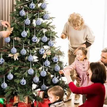 Liliful 24 Pcs Christmas Blue and White Chinoiserie Ornaments Ball Christmas Tree Hanging Ornaments Fabric Wrapped Hanging Omament for Xmas Tree Decoration Wedding Holiday Party Yard Home Supplies