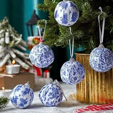 Liliful 24 Pcs Christmas Blue and White Chinoiserie Ornaments Ball Christmas Tree Hanging Ornaments Fabric Wrapped Hanging Omament for Xmas Tree Decoration Wedding Holiday Party Yard Home Supplies