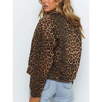 Justalwart Denim Jacket for Women Leopard Print Retro Shape Button-up Front Bomber Jacket