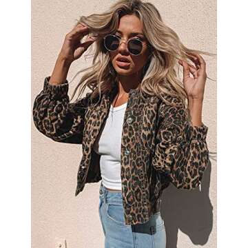 Justalwart Denim Jacket for Women Leopard Print Retro Shape Button-up Front Bomber Jacket