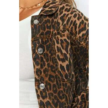 Justalwart Denim Jacket for Women Leopard Print Retro Shape Button-up Front Bomber Jacket
