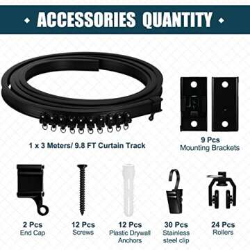 Curved Ceiling Curtain Track Bendable Mount for Curtain Rail Bunk Bed Bay Window Room Divider Flexible Straight (Black, 9.8 ft)