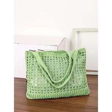 ENBEI Women's Beach Tote Bag, Crocheted Knit Hollow Design, Stylish & Spacious Tote for Beach,Travel,and Everyday Use,Cute Aesthetic Summer Handbag (Grass green)
