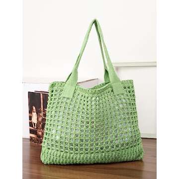 ENBEI Women's Beach Tote Bag, Crocheted Knit Hollow Design, Stylish & Spacious Tote for Beach,Travel,and Everyday Use,Cute Aesthetic Summer Handbag (Grass green)