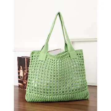 ENBEI Women's Beach Tote Bag, Crocheted Knit Hollow Design, Stylish & Spacious Tote for Beach,Travel,and Everyday Use,Cute Aesthetic Summer Handbag (Grass green)