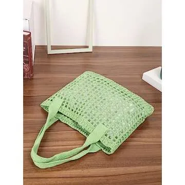 ENBEI Women's Beach Tote Bag, Crocheted Knit Hollow Design, Stylish & Spacious Tote for Beach,Travel,and Everyday Use,Cute Aesthetic Summer Handbag (Grass green)