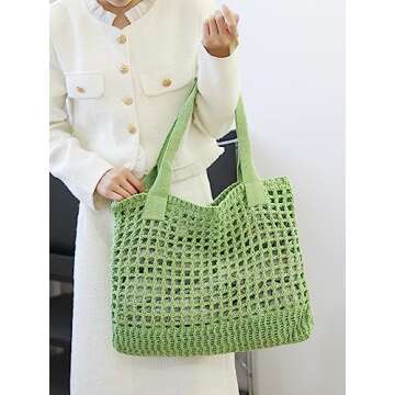 ENBEI Women's Beach Tote Bag, Crocheted Knit Hollow Design, Stylish & Spacious Tote for Beach,Travel,and Everyday Use,Cute Aesthetic Summer Handbag (Grass green)