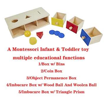 Kghios Montessori Box w/Bins Coin Box Object Permanence Box with Drawer Imbucare Box w/Ball 4 in 1 M...