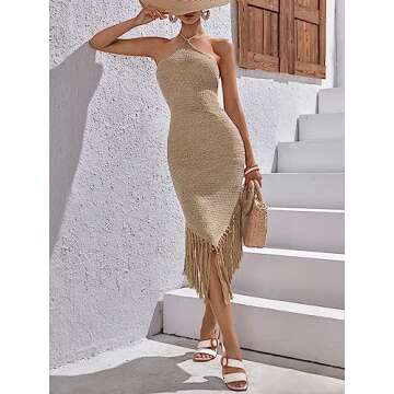 Floerns Women's Fringe Hem Bodycon Dress - Khaki