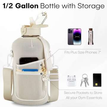 HYDRARANK Half Gallon Water Bottle with Sleeve - BPA Free Gym Water Bottle with Straw and Spout Lid - Leak Proof - Reusable Large Water Jug with Strap, Handle for Daily Hydration (74 Ounce, Tan)