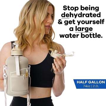 HYDRARANK Half Gallon Water Bottle with Sleeve - BPA Free Gym Water Bottle with Straw and Spout Lid - Leak Proof - Reusable Large Water Jug with Strap, Handle for Daily Hydration (74 Ounce, Tan)