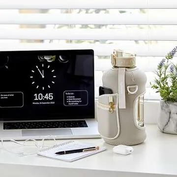 HYDRARANK Half Gallon Water Bottle with Sleeve - BPA Free Gym Water Bottle with Straw and Spout Lid - Leak Proof - Reusable Large Water Jug with Strap, Handle for Daily Hydration (74 Ounce, Tan)