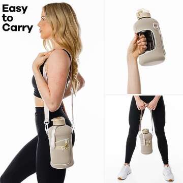 HYDRARANK Half Gallon Water Bottle with Sleeve - BPA Free Gym Water Bottle with Straw and Spout Lid - Leak Proof - Reusable Large Water Jug with Strap, Handle for Daily Hydration (74 Ounce, Tan)