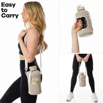 HYDRARANK Half Gallon Water Bottle with Sleeve - BPA Free Gym Water Bottle with Straw and Spout Lid - Leak Proof - Reusable Large Water Jug with Strap, Handle for Daily Hydration (74 Ounce, Tan)