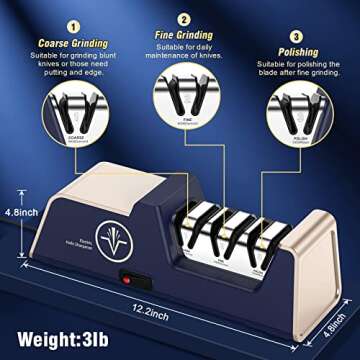 VIDOME Professional Electric Knife Sharpener with 100% Diamond Abrasives and Precision Angle Guides for Kitchen Straight Edge&Ceramic Knife Work Sharp, 3-stage Champagne Gold, afilador de cuchillos