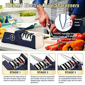 VIDOME Professional Electric Knife Sharpener with 100% Diamond Abrasives and Precision Angle Guides for Kitchen Straight Edge&Ceramic Knife Work Sharp, 3-stage Champagne Gold, afilador de cuchillos