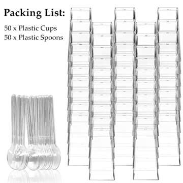 TOFLEN 50 Pack 3 oz Square Mini Dessert Cups with Spoons Clear Plastic Dessert Shooter Cups for for Party, Yogurt, Parfait, Cheesecake, Pudding, Jello and Appetizers