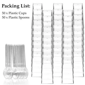 TOFLEN 50 Pack 3 oz Square Mini Dessert Cups with Spoons Clear Plastic Dessert Shooter Cups for for Party, Yogurt, Parfait, Cheesecake, Pudding, Jello and Appetizers