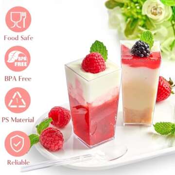 TOFLEN 50 Pack 3 oz Square Mini Dessert Cups with Spoons Clear Plastic Dessert Shooter Cups for for Party, Yogurt, Parfait, Cheesecake, Pudding, Jello and Appetizers