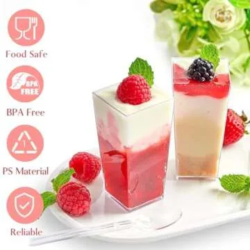 TOFLEN 50 Pack 3 oz Square Mini Dessert Cups with Spoons Clear Plastic Dessert Shooter Cups for for Party, Yogurt, Parfait, Cheesecake, Pudding, Jello and Appetizers