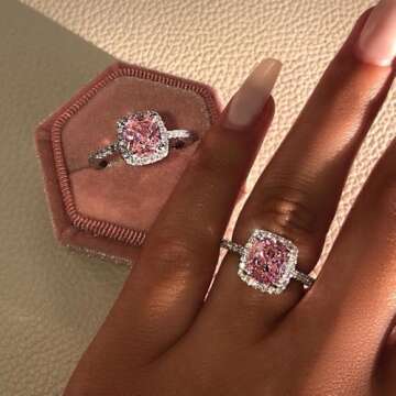 Obiyos Women's Pink Square Design High-Carbon Diamond Engagement and Promise Ring – 2CT Square Cut...