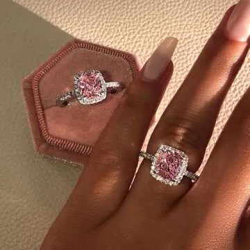 Obiyos Women's Pink Square Design High-Carbon Diamond Engagement and Promise Ring – 2CT Square Cut...