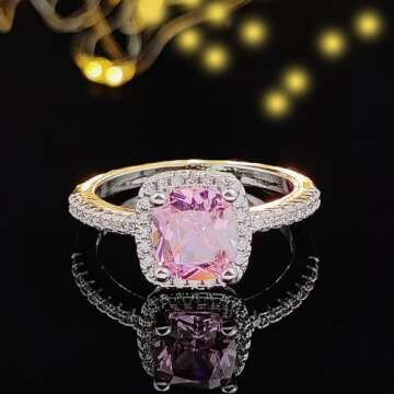 Obiyos Women's Pink Square Design High-Carbon Diamond Engagement and Promise Ring – 2CT Square Cut, 925 Sterling Silver, 18K White Gold Plated, Superior to Moissanite