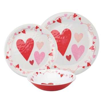 UPware 12-Piece Melamine Dinnerware Set, Includes Dinner Plates, Salad Plates, Bowls, Service for 4 (Valentine)