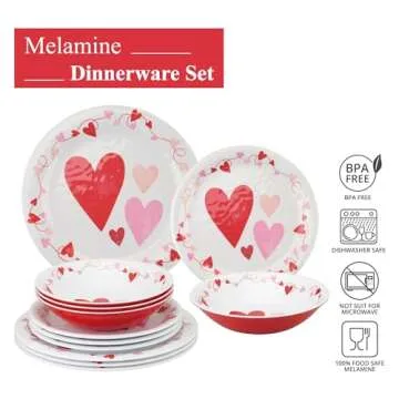 UPware 12-Piece Melamine Dinnerware Set, Includes Dinner Plates, Salad Plates, Bowls, Service for 4 (Valentine)