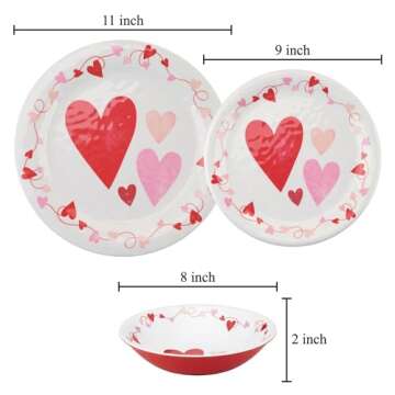 UPware 12-Piece Melamine Dinnerware Set, Includes Dinner Plates, Salad Plates, Bowls, Service for 4 (Valentine)