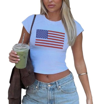 Trendy Y2K White Baby Tee with American Flag for Women