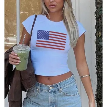Trendy Y2K White Baby Tee with American Flag for Women