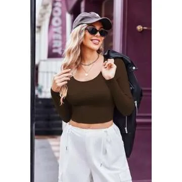 Ekouaer 3 Piece Long Sleeve Crop Tops for Women Scroop Neck Base Layer Basic Thermal Undershirts Black/Beige/Brown XS