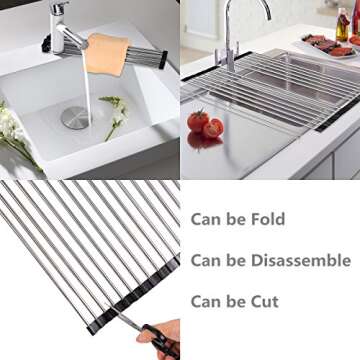 DDMY Over The Sink Dish Rack Roll-Up Dish Drying Rack Multipurpose Dish Drainer Collapsible Kitchen Sink Rack (17" D x 11" W x 0.5" H)