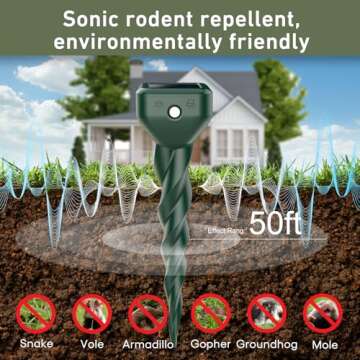 Mole Repellent Solar Powered, 4 Pack Waterproof Ultrasonic Deterrent Stake, Sonic Spikes Get Rid for Snake, Groundhog, Gopher, Vole, Repellent for Lawns Garden & Yard