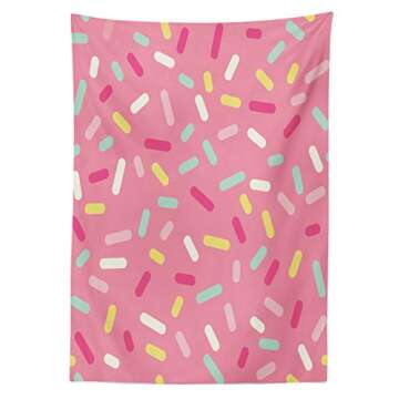 Ambesonne Pink and White Tablecloth, Abstract Pattern of Colorful Donut Sprinkles Tasty Food Bakery Theme, Rectangular Table Cover for Dining Room Kitchen Decor, 60" X 90", Pink and Yellow